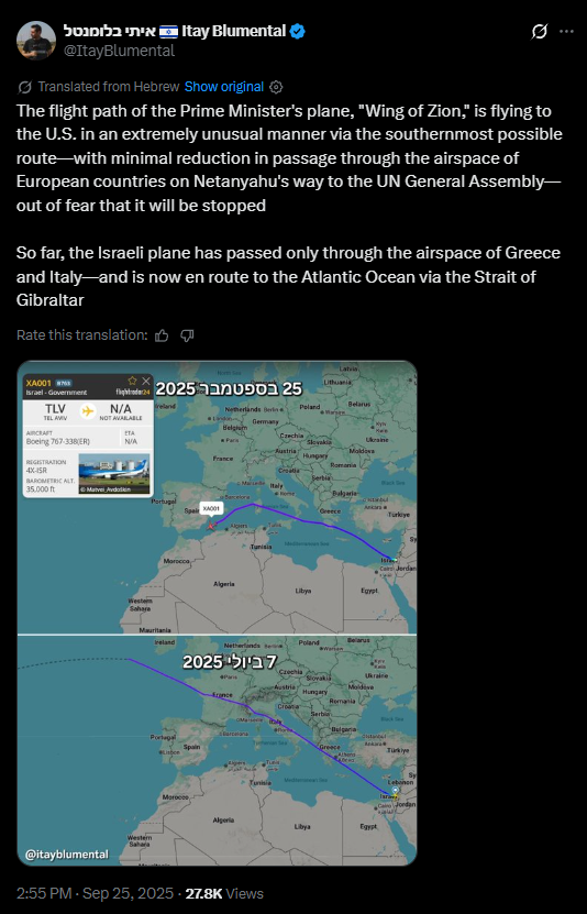 Netanyahu UN flight, Netanyahu flight path