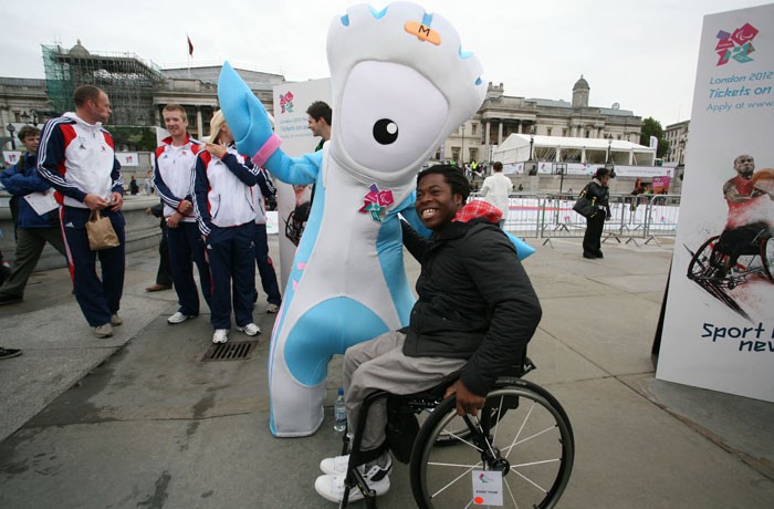 London 2012 Paralympic mascot Mandeville and Ade Adepitan, member of the Great Britain Wheelchair Basketball team that won the bronze medal at the Athens 2004 Games, enjoy International Paralympic Day at Trafalgar Square on Sept. 8, 2011