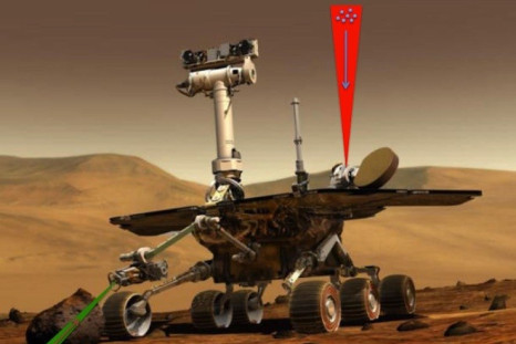 An illustration showing how a space rover could use lasers to collect samples from the ground and air