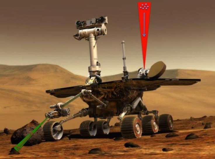 An illustration showing how a space rover could use lasers to collect samples from the ground and air
