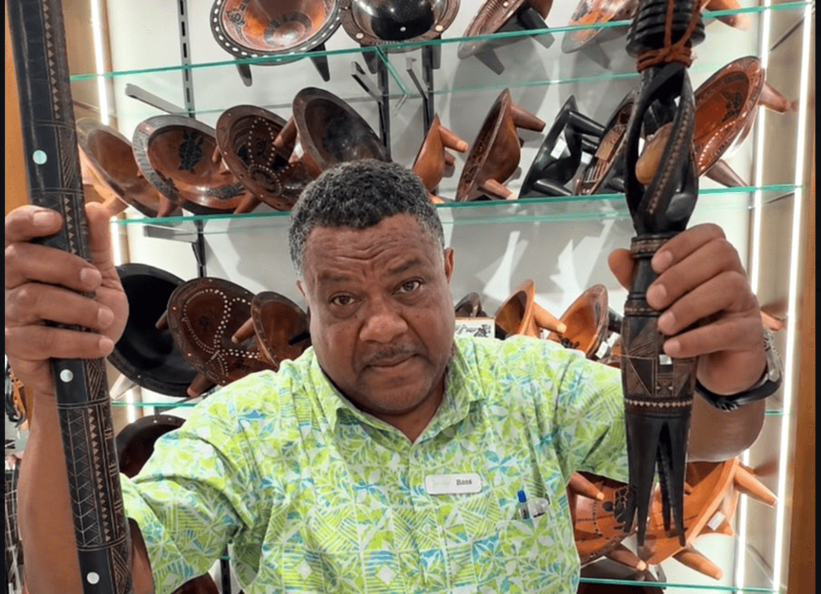 Shopkeeper showing cannibalism tools