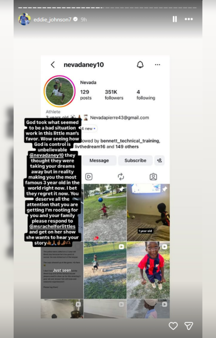 Eddie Johnson's Instagram Story about 3-year-old Nevada