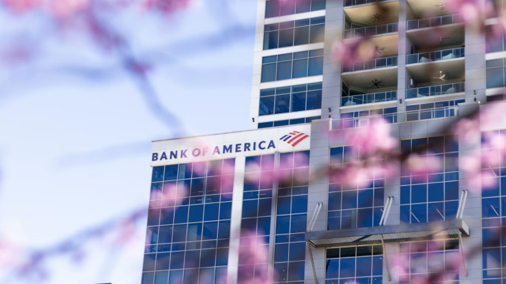 bank of america building seen through pink blossoms