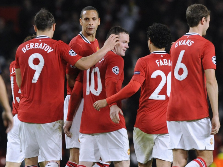 Manchester United's Rooney celebrates his goal against Otelul Galati during their Champions League Group C soccer match in Manchester