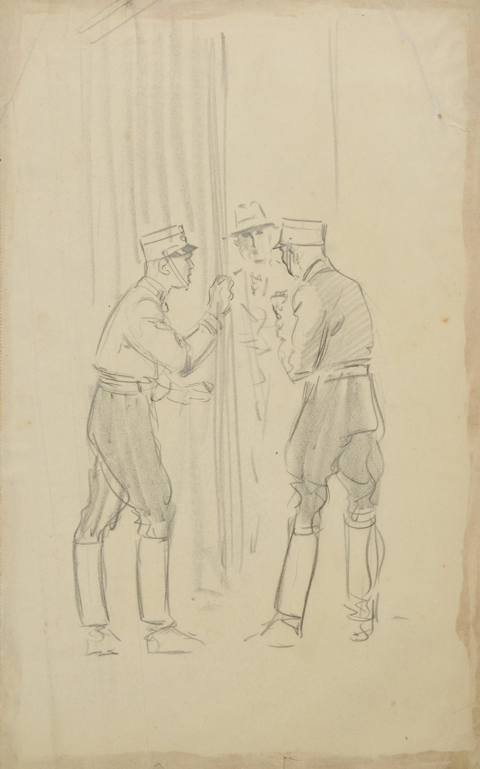 This sketch shows two Nazis opening a curtain to a civilian