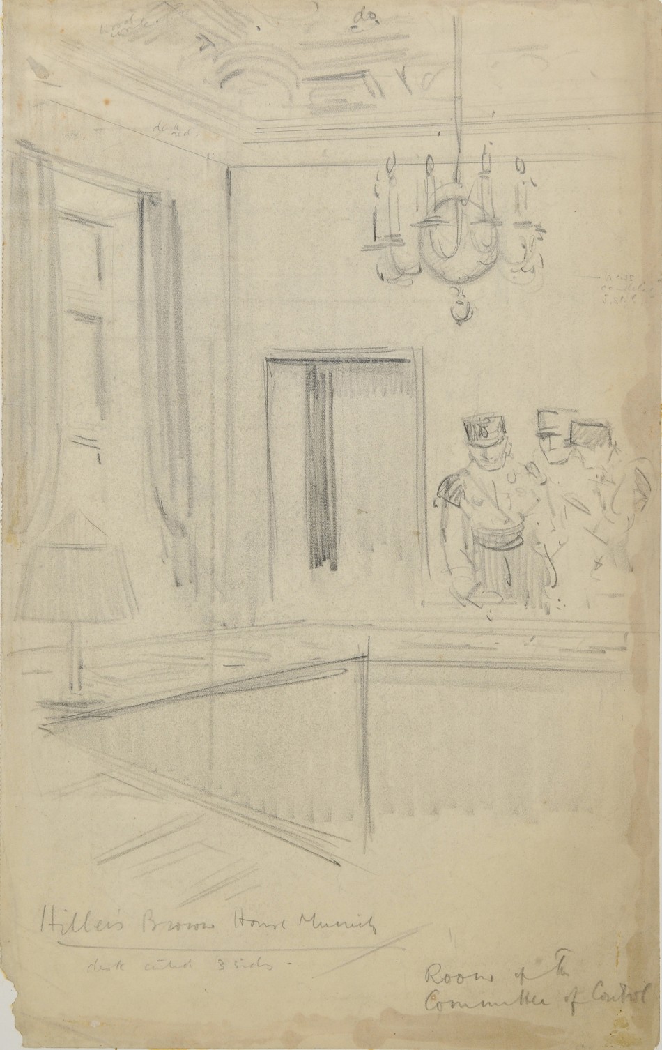 This drawing by Helen McKie shows Nazi officials inside a committee room at Hitler's Munich headquarters. This drawing by Helen McKie shows Nazi officials inside a committee room at Hitler's Munich headquarters