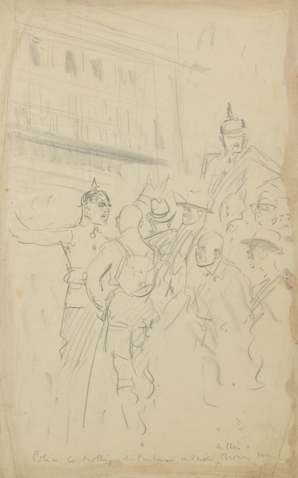 This drawing by the British artist shows police controlling a disturbance outside the Brown House