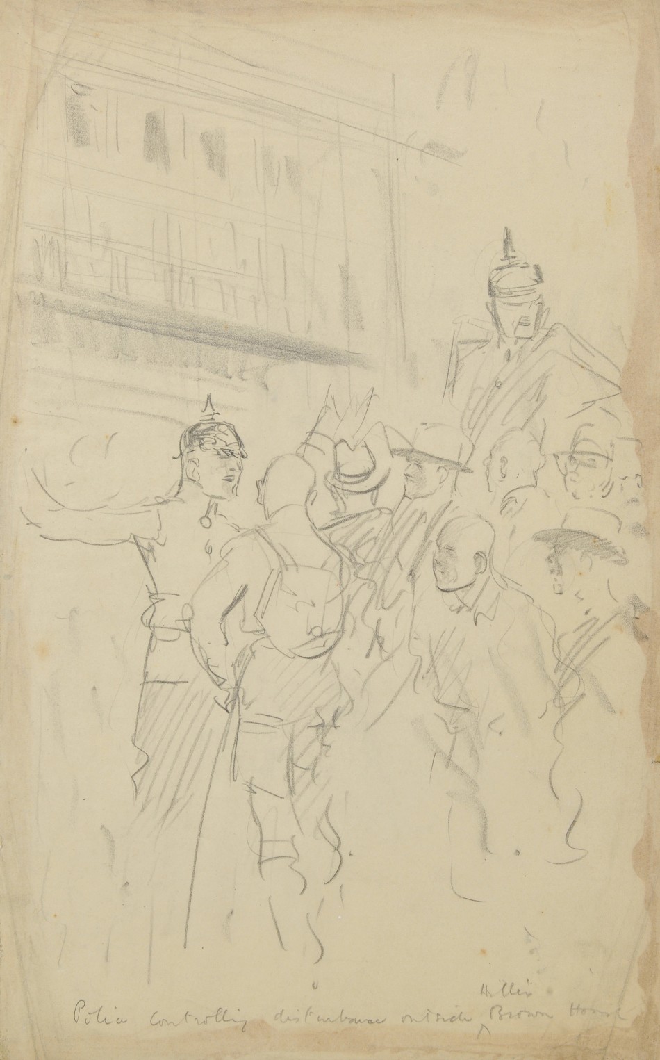 This drawing by the British artist shows police controlling a disturbance outside the Brown House This drawing by the British artist shows police controlling a disturbance outside the Brown House
