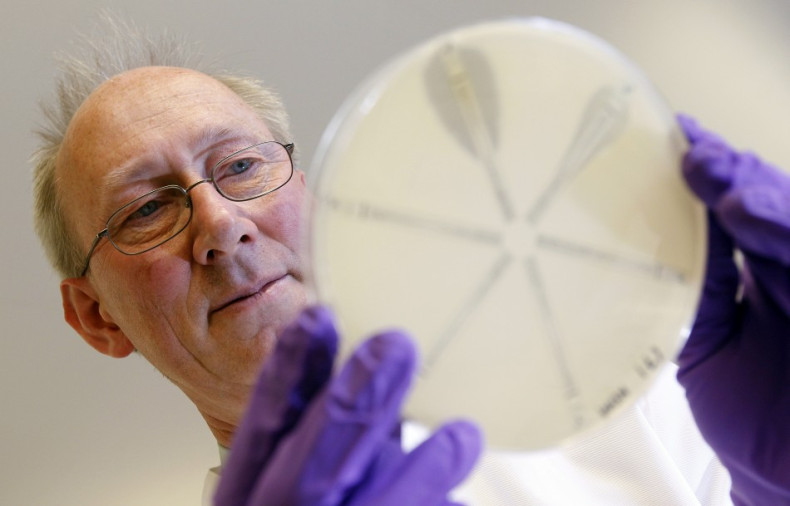 David Livermore from the Antibiotic Resistance Monitoring & Reference Laboratory holds a plate coated with antibiotic-resistant bacteria.