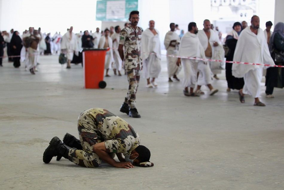 Security personnel prays in Mina near the holy city of Mecca