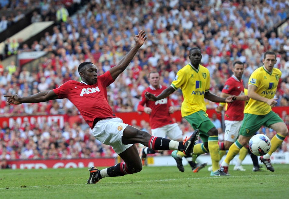 Manchester Uniteds Welbeck stretches for a shot during their English Premier League soccer match against Norwich City in Manchester