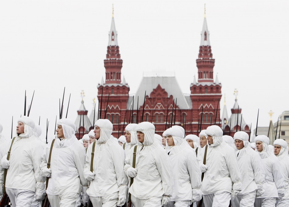 Russian servicemen in historical uniforms take part in a military parade in Moscows Red Square
