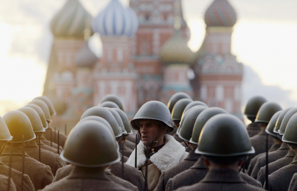 Russian servicemen in historical uniforms take part in a military parade in Moscows Red Square