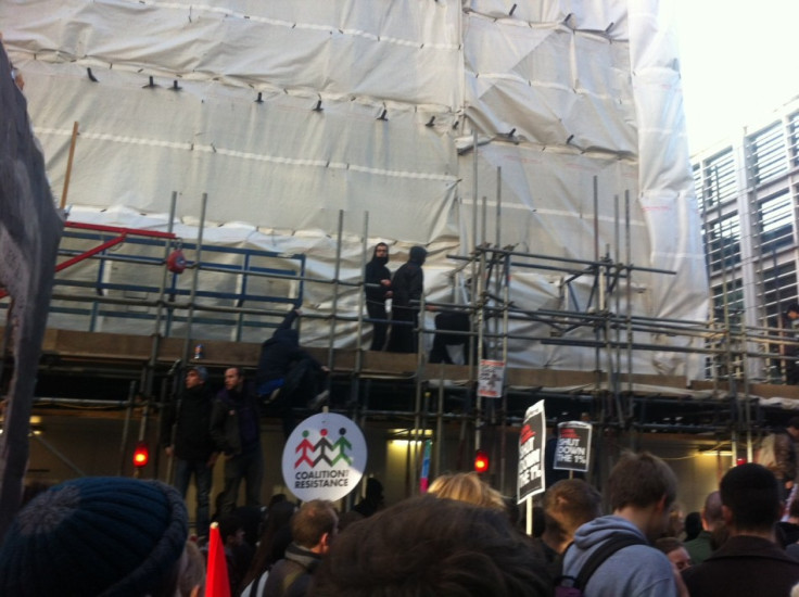 Protesters on scaffold