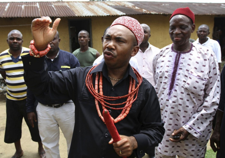 Suanu Baridam, secretary of the Ogoni Council of Traditional Rulers, speaks to Reuters outside his palace at Ogoniland, Nigeria's delta region August