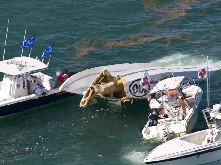 Powerboat racers are rescued after offshore powerboat crash in Florida.