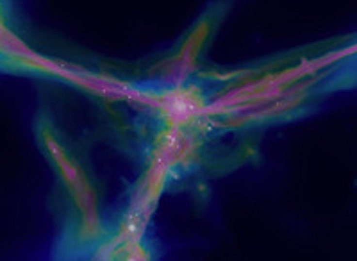 Artistic view of gas around a forming galaxy in a large computer simulation