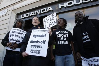 Gay rights activists protest outside Uganda House in Trafalgar Square in London
