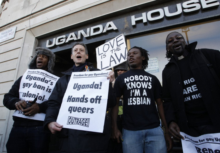 Gay rights activists protest outside Uganda House in Trafalgar Square in London
