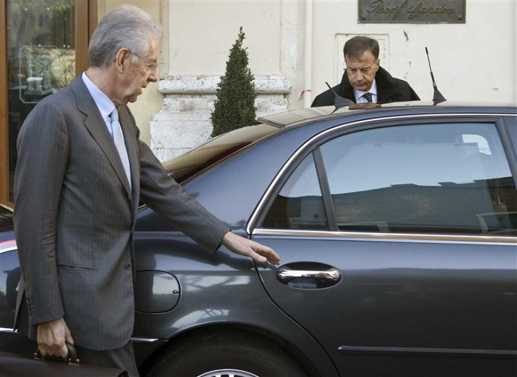 Former European Commissioner Mario Monti leaves a hotel in Rome