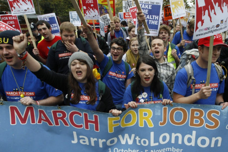Demonstrators protest against job cuts in central London on November 5, 2011. Many of the demonstrators had marched from Jarrow in north east England, recreating a 1936 protest march against unemployment.