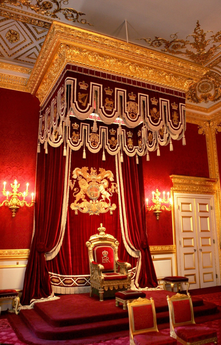 The throne is seen in the Throne Room at St. James&#039;s Palace in London