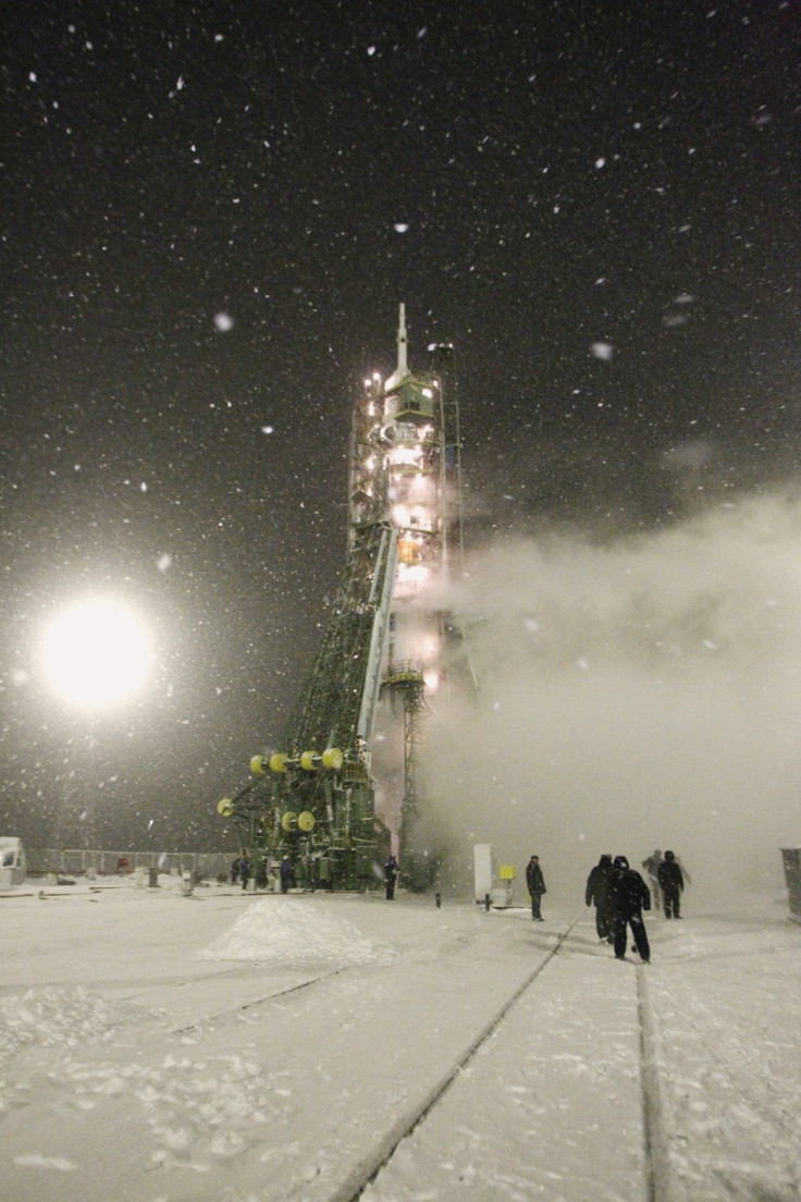 The Soyuz TMA-22 spacecraft rests on its launch pad at Baikonur cosmodrome
