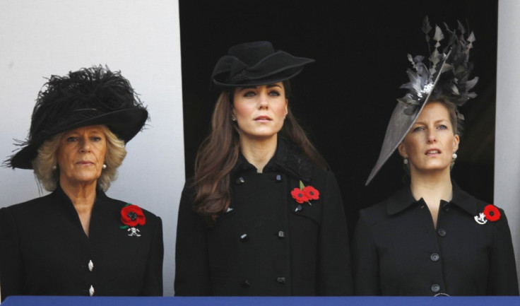 Camilla, Duchess of Cornwall attends the annual Remembrance Sunday ceremony with Catherine, Duchess of Cambridge and Sophie, Countess of Wessex at the Cenotaph in London