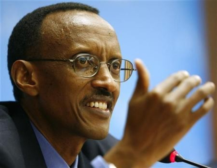 Rwandan President Paul Kagame gestures during a news conference at the International Telecommunication Union