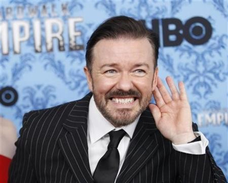 Ricky Gervais gestures during a photo call for the premiere of the second season of ''Boardwalk Empire'' in New York