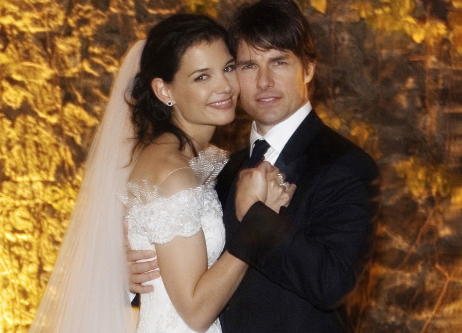 Actor Tom Cruise and Katie Holmes pose for their official wedding portrait in Lake Braccino, Italy in this handout photo