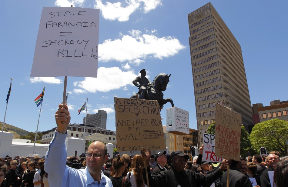 Demonstrators protest against the passing of the Protection of Information Bill outside parliament in Cape Town