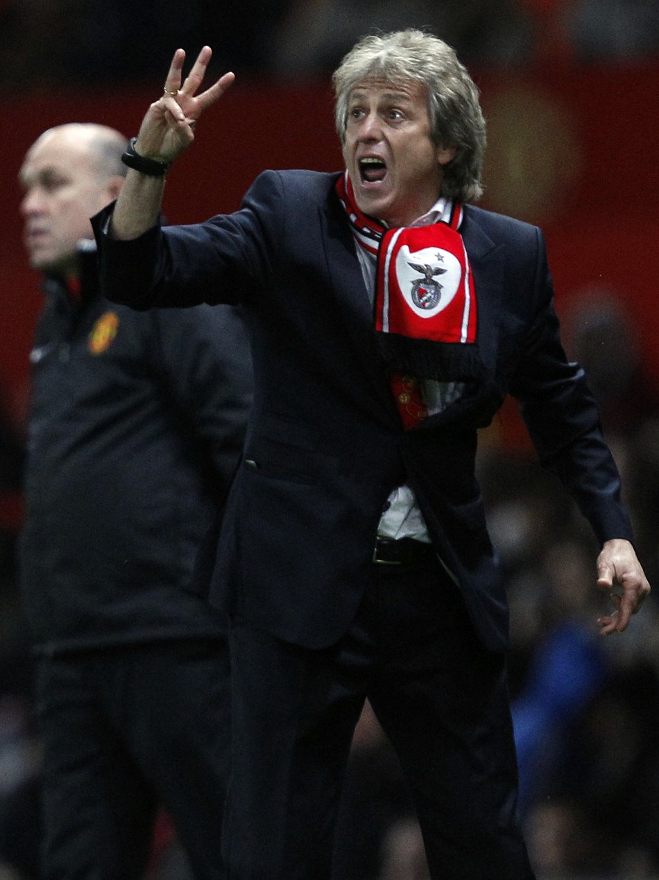 Benficas Jorge Jesus reacts during their Champions League soccer match against Manchester United in Manchester