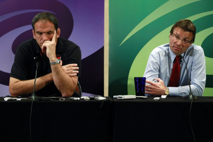 England coach Martin Johnson and director of elite rugby Andrew at a news conference in Auckland