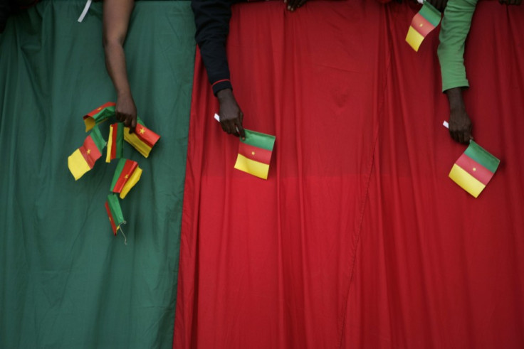 Cameroon supporters hold flags