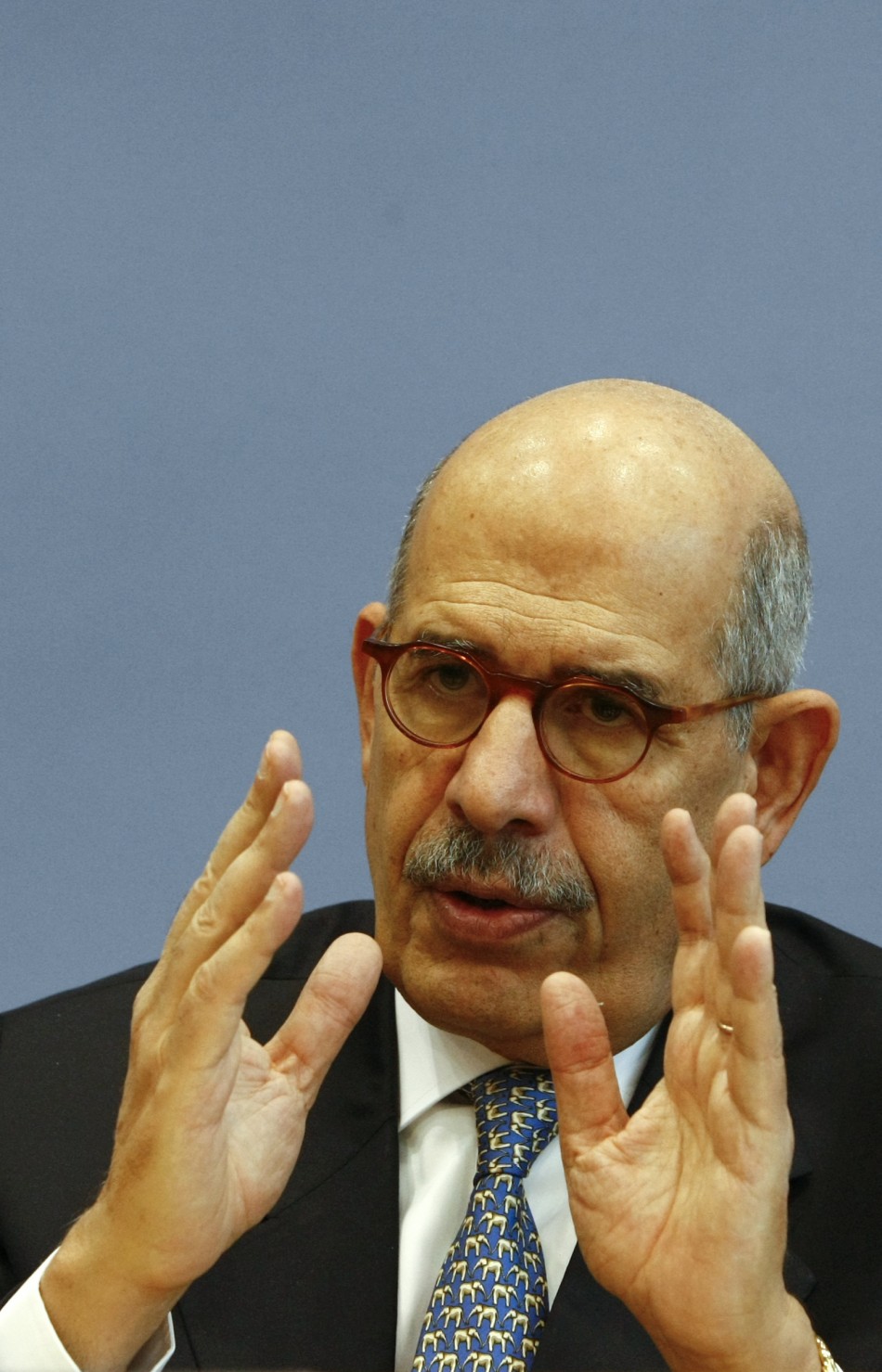 Former International Atomic Energy Agency Director General El Baradei addresses a news conference in Berlin