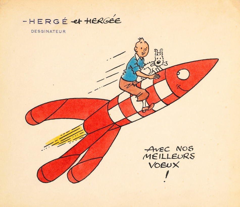 Estimated between 10,000 and 15,000, a handmade greeting card by Herg featuring a drawing of Tintin and his faithful dog Snowy perched on the famous red-and-white rocket from the moon adventures fetched 40,000.