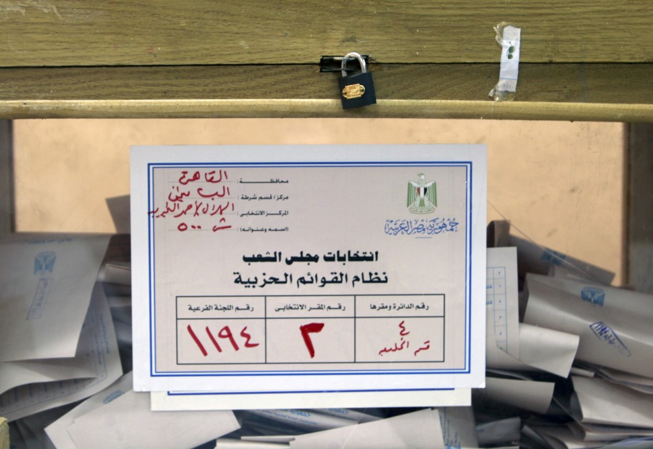 A sealed ballot box is seen after voting ended at a polling station during parliamentary elections in Cairo
