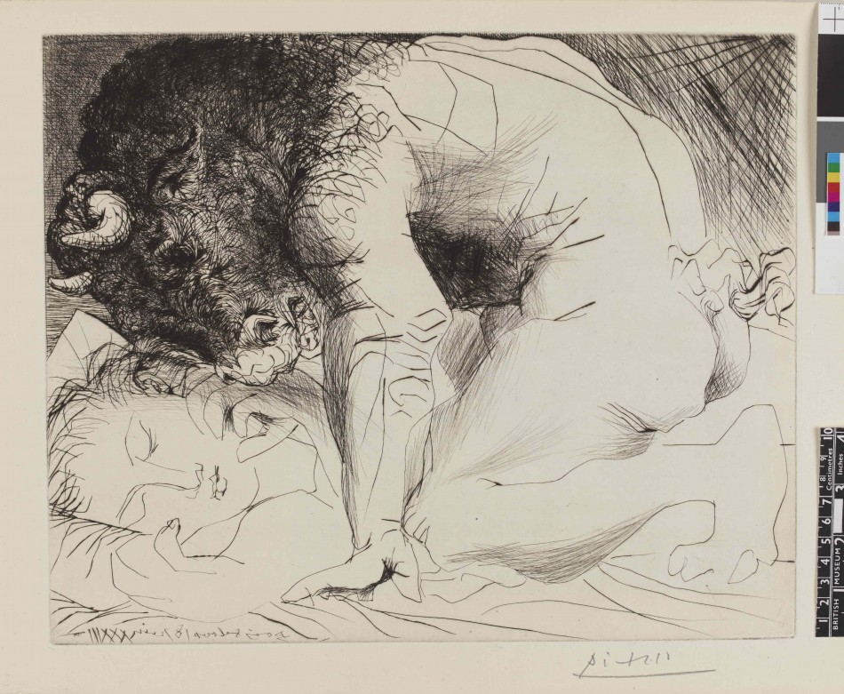 Minotaur caressing a sleeping woman