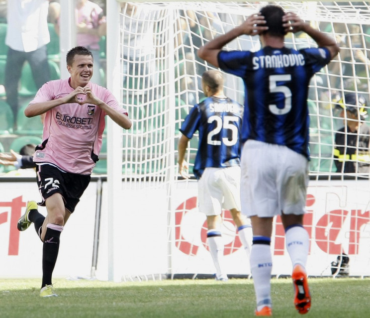 Palermo&#039;s Ilicic celebrates after scoring against Inter Milan during their Italian Serie A soccer match in Palermo