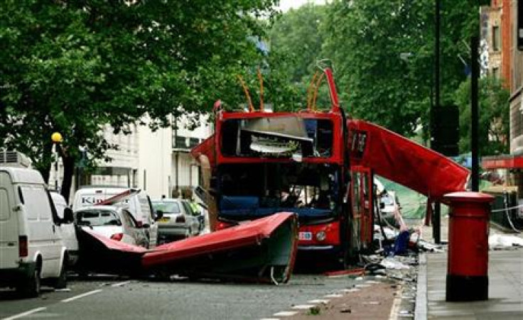 File photo of bomb destroyed double-decker bus in Tavistock Square in central London.