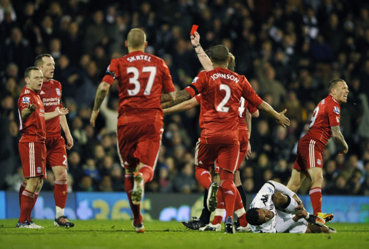 Liverpool&#039;s Jay Spearing reacts as he is shown the red card after fouling Fulham&#039;s Mousa Dembele during their English Premier League soccer match at Craven Cottage in London