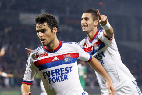 Olympique Lyon&#039;s Gourcuff and Gonalons celebrate after scoring against Saint-Etienne during their French Ligue 1 soccer match at the Gerland stadium in Lyon