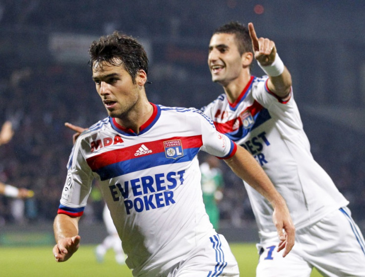 Olympique Lyon&#039;s Gourcuff and Gonalons celebrate after scoring against Saint-Etienne during their French Ligue 1 soccer match at the Gerland stadium in Lyon