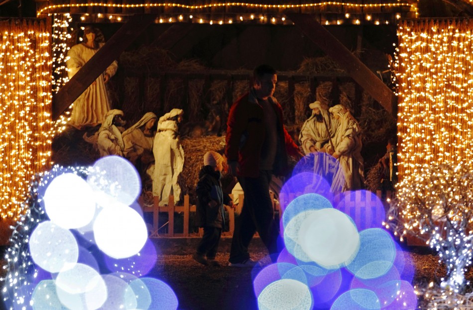 Lit up nativity scene is seen at a country house estate in the village of Grabovnica near Cazma