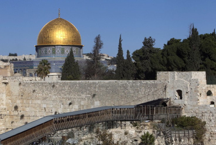 A wooden footbridge leading up from the Western Wall to the sacred compound where al-Aqsa mosque and the Dome of the Rock shrine stand, is seen in Jerusalem&#039;s Old City