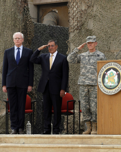 Chairman of Joint Chiefs of Staff Army General Dempsey, U.S. Defense Secretary Panetta and U.S. ambassador to Iraq Jeffrey attend ceremony marking end of U.S. military engagement at former U.S. Sather Air Base Chairman of Joint Chiefs of Staff Army General Dempsey, U.S. Defense Secretary Panetta and U.S. ambassador to Iraq Jeffrey attend ceremony marking end of U.S. military engagement at former U.S. Sather Air Base