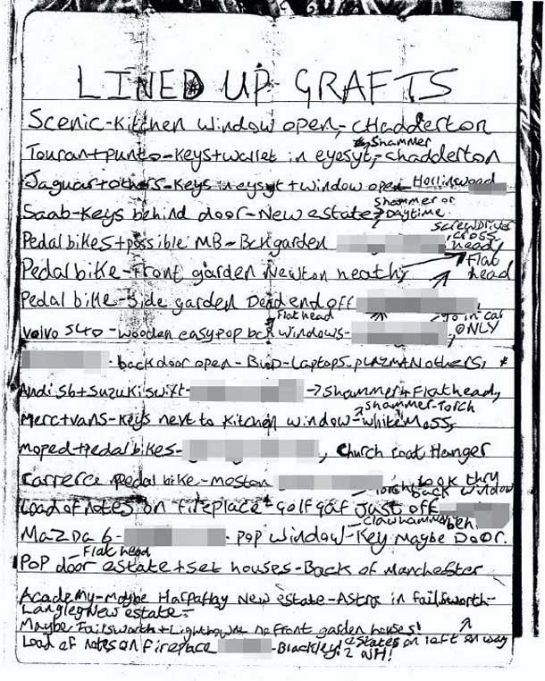 The to-do list headed ''Lined Up Grafts'' was found by police on a street in Oldham, Greater Manchester