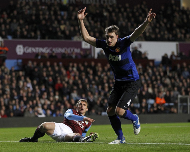 Manchester United&#039;s Phil Jones celebrates his goal against Aston Villa during their English Premier League soccer match in Birmingham