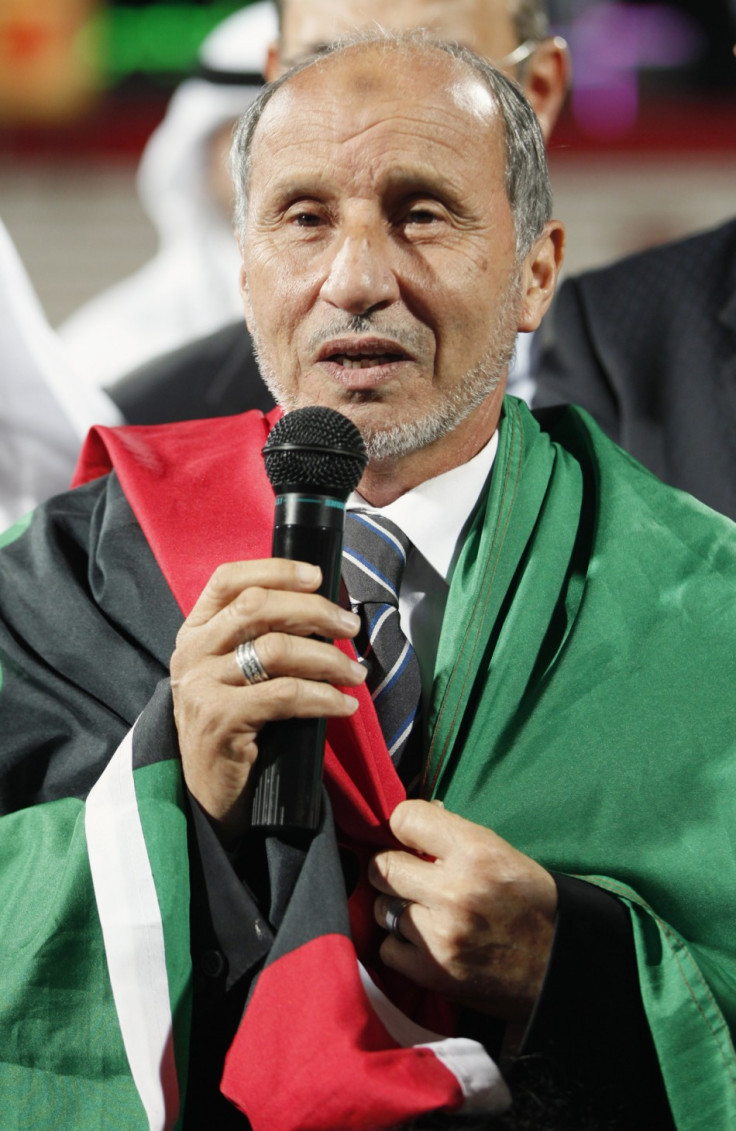 Libya&#039;s National Transitional Council Chairman Mustafa Abdul Jalil speaks during a charity football match in Dubai